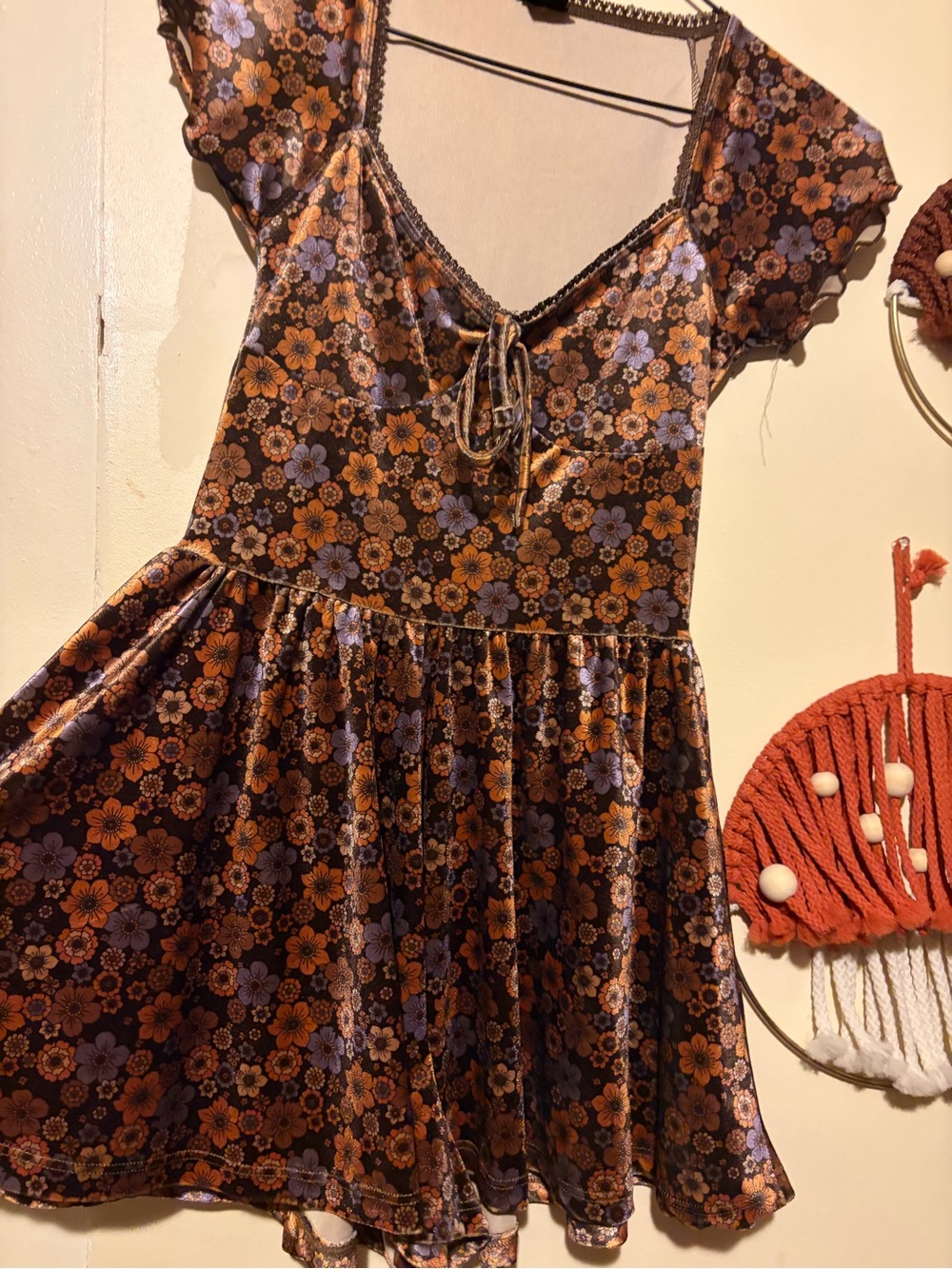 Floral Velvet Romper in Brown and Lavender